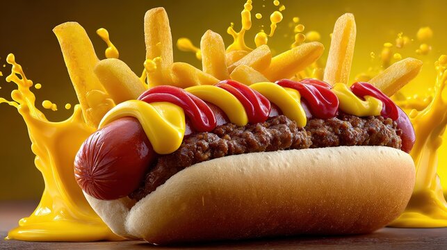Gourmet Chili Hot Dog with French Fries and Mustard Splash