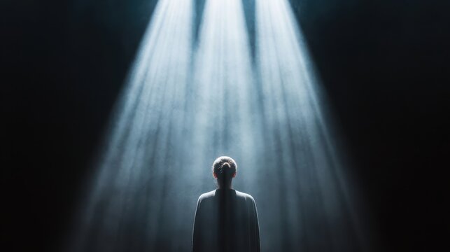 A solitary figure in silhouette stands in the beam of light, evoking a sense of mystery, introspection, and contemplation, highlighting the emotional experience of human existence.