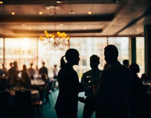 Fototapeta premium Soft blurred corporate networking scene with professionals in discussion. Modern abstract background for business collaboration, conferences and company branding visuals.