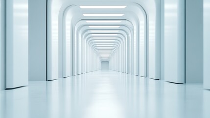 Obraz premium This image showcases a minimalist hallway with bright, glowing lights and smooth white surfaces, highlighting modern architectural design and a sense of spaciousness.