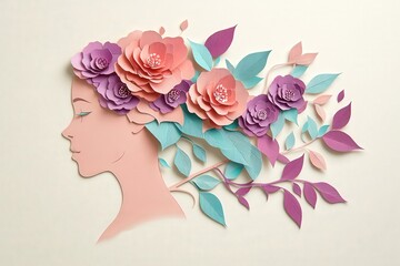 Papercraft profile of a woman adorned with cascading pastel flowers and foliage
