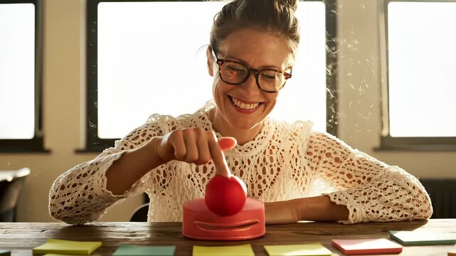 Woman presses red buzzer button smiling at desk during quiz game. Happy woman hits buzzer for answer in office. Woman with glasses presses button buzzer. Quiz game with red buzzer and woman smiling.