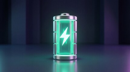 Futuristic glowing battery icon with lightning symbol representing energy power charging and renewable technology concept