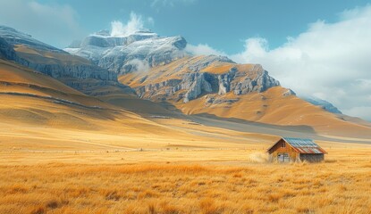 Rustic barn in golden field before majestic snow-capped mountains under a vast blue sky