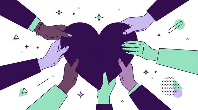 Diverse hands holding heart together symbolizing unity and teamwork