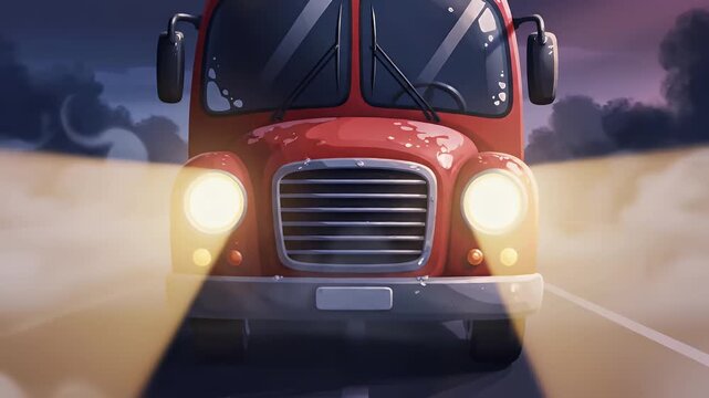 Whimsical red bus driving on foggy road at night