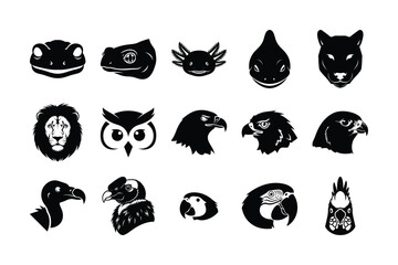Fototapeta premium Animal Face and Head Silhouette Icons Vector Set