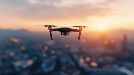 A sleek drone soars over a picturesque city skyline at sunset, symbolizing the blend of technology and urban landscapes in today's modern world.