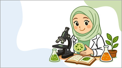 Muslim Female Scientist Working with Microscope and Plants in Laboratory Cartoon Illustration