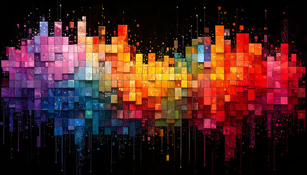 Digital art piece featuring colorful squares and rectangles in a grid pattern against a black background creates a vibrant eye catching generative AI