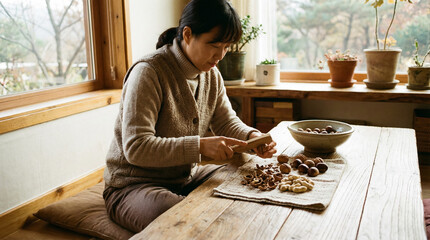 Korean Woman Cracking Nuts at Home