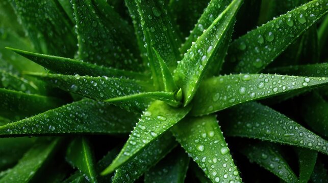Macro pattern of aloe leaves forming repeating geometric texture with water beads and tactile serrations, highdetail closeup ideal for background art, cosmetic texture overlays, and sensorydriven