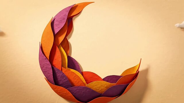 Stop-motion style 3D animation of a paper flower blooming and folding into a crescent moon. Warm sunset colors, textured paper layers, and open sky copy space.
