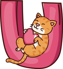 Fototapeta premium Orange cat hugging letter J cute valentines typography sticker