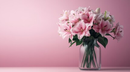 Fototapeta premium A stunning arrangement of fresh pink lilies gracefully displayed in a clear glass vase, radiating beauty and elegance, perfect for enhancing any decor or special occasion.