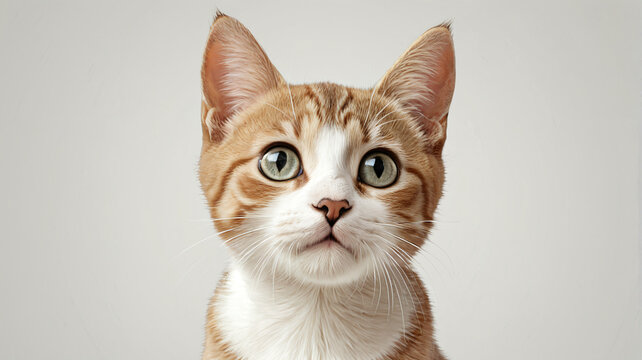 Nahaufnahme Portr&auml;t eines rot-wei&szlig;en K&auml;tzchens vor grauem Hintergrund