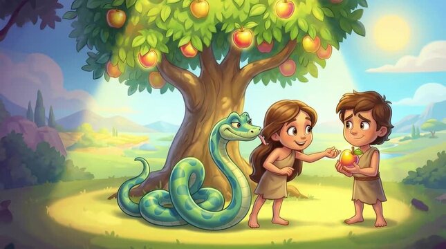 Adam and Eve receive forbidden fruit from serpent under apple tree