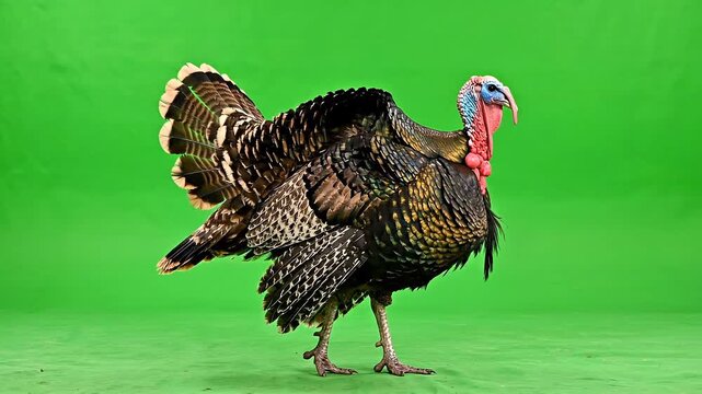 Proud male turkey strutting against green background