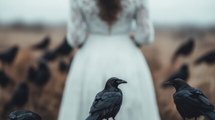 Fototapeta premium A hauntingly beautiful scene featuring a woman in a flowing white dress, surrounded by dark ravens, evoking mystery and a connection with nature's enigmatic elements.