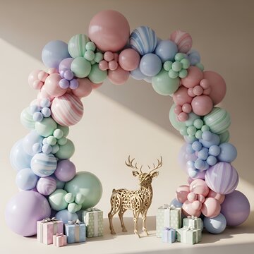 Whimsical pastel balloon arch with a cute wooden deer and gift boxes for a magical baby shower celebration balloon backdrop decoration celebration party background birthday design holiday balloons hap