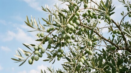 Fresh green olives hanging on branches against light blue sky