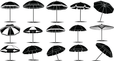 Set of beach umbrella silhouettes in various angles and designs, sunshade parasol icons for summer vacation travel, tropical coastal lifestyle vector  © MdAzizulHaque