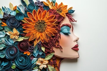 Intricate paper filigree artwork depicts a female profile adorned with elaborate floral arrangements