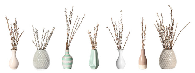 Collage of vases with willow branches on white background © Pixel-Shot