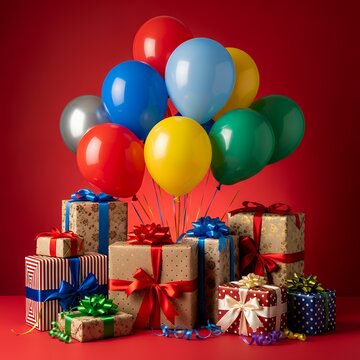 A vibrant celebration colorful balloons float above festively wrapped presents against a bold red backdrop balloon backdrop decoration celebration party background birthday design holiday balloons hap