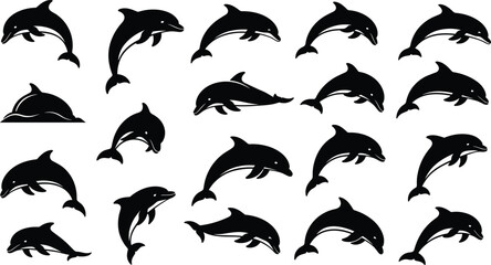 Set of black dolphin silhouettes with white outlines in various jumping and swimming poses, isolated vector illustration collection for marine and ocean themes. © MdAzizulHaque