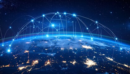 Earth at Night with Glowing Global Network Connections