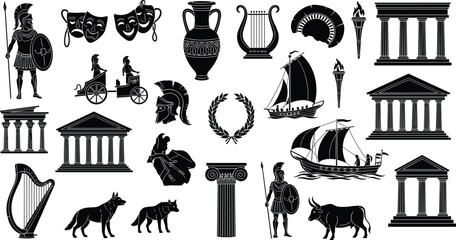Ancient Greek silhouettes collection, mythology architecture warriors ships columns symbols icons, classical history and culture concept, minimalist black vector illustration isolated © MstAnowara