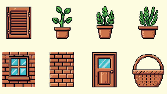 Pixel Art Charming retro pixel garden elements with potted plants and brick patterns