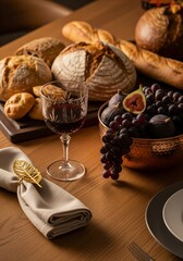 Fototapeta premium Rustic Autumn Wine and Artisan Bread Still Life with Figs and Grapes