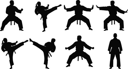 Martial arts silhouettes collection, karate and taekwondo fighters performing kicks and stances, combat sport training concept, minimalist black vector illustration isolated © MstAnowara