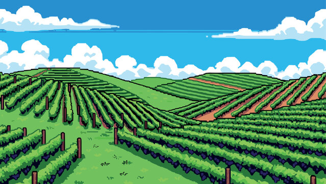Pixel Art Lush pixel art vineyard landscape with blue sky and rolling hills