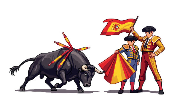 Pixel Art Traditional spanish bullfight scene with matadors and bull in pixel art