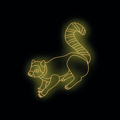Neon lemur running with striped tail, glowing yellow on black background © ylivdesign