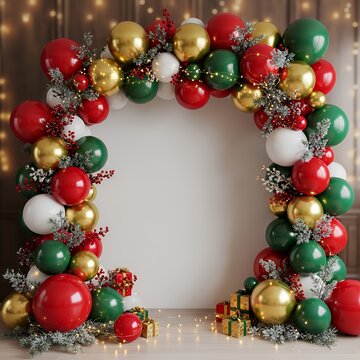 Festive christmas balloon arch photo wall decoration space or place for text celebration concept balloon backdrop decoration celebration party background birthday design holiday balloons happy festive