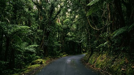 Obraz premium Winding Road Through Dense Tropical Rainforest Jungle