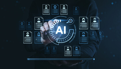 AI recruitment technology concept with digital interface of candidate profiles and holographic...