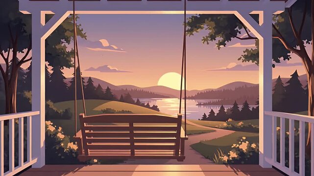 Wooden porch swing on patio overlooking lake and sunset