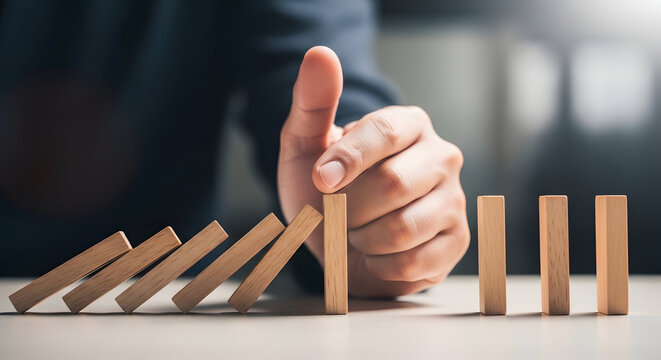Hand stopping a domino effect with finger