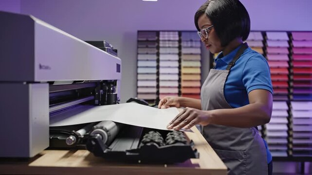 Woman operates printer in print shop with color swatches on wall. Female worker loads paper into machine. Print shop operator feeds printer. Woman working at printing studio with color samples.