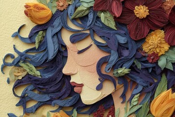 Detailed close up showcases a sculpted paper art portrait featuring flowing blue hair adorned with colorful blossoms and foliage