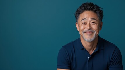Fototapeta premium A portrait of a smiling man exuding joy and warmth against a simple teal background, encapsulating approachable charisma and positive energy in a modern setting.