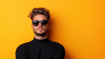 Fototapeta premium A confident young man poses stylishly with sunglasses against a bold orange background, embodying modern fashion and youthful energy in an urban setting.