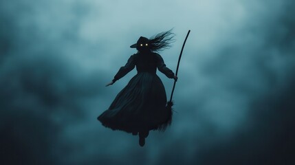 Fototapeta premium A mysterious figure of a witch soaring through a dark, moody sky, characterized by glowing eyes and an iconic broomstick, invoking feelings of intrigue and enchantment.
