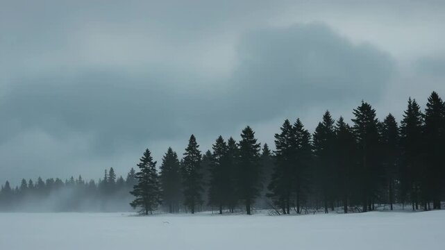 Misty winter landscape with pine trees under cloudy sky  