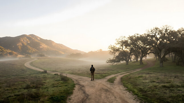 Life choices and spiritual journey concept with split road
